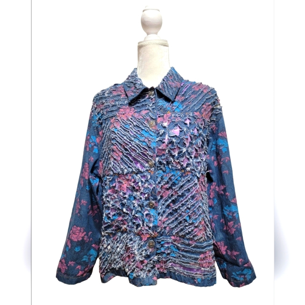 Tantrums Vintage Boho Floral Distressed Denim Jean Jacket Women's Size XL